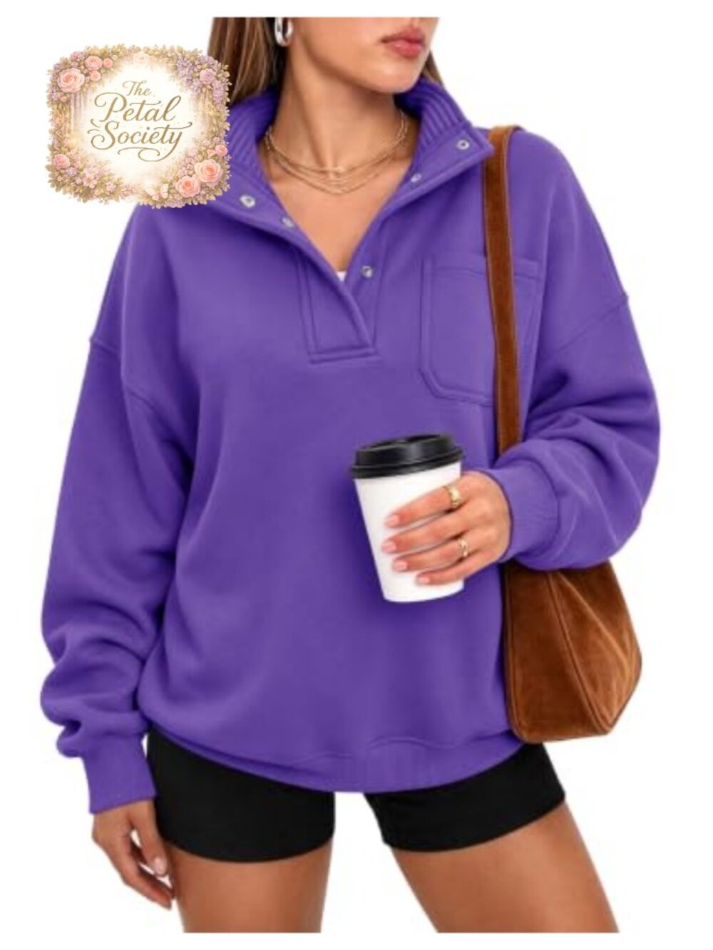 Oversized Henley Neck Sweatshirt Pullover Fleece Women